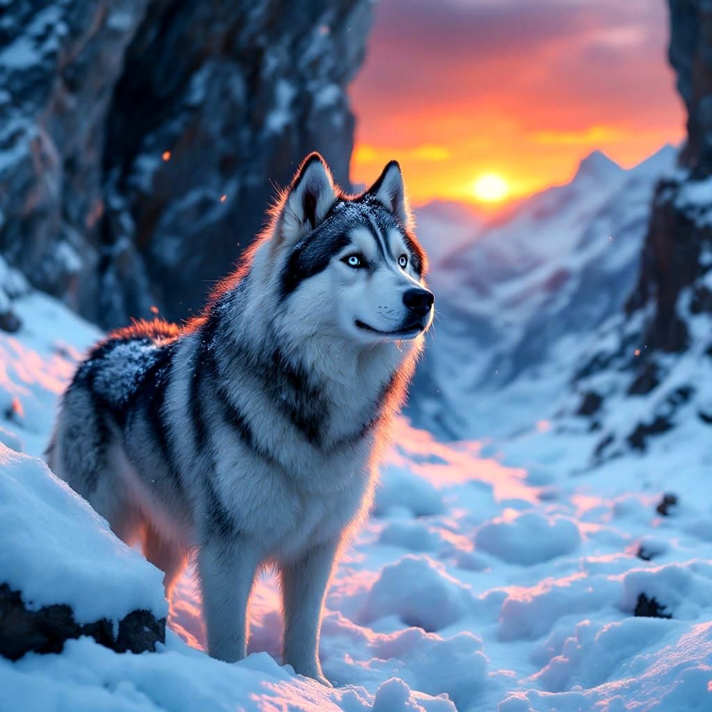 Siberian Malamute Stands Vigilant in Icy Mountainscape
