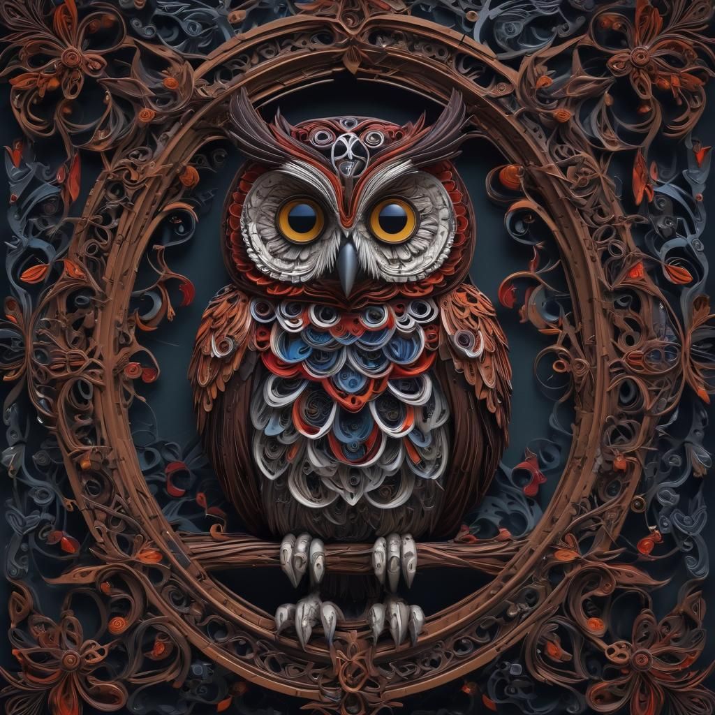 Kirigama owl in a gothic frame #3