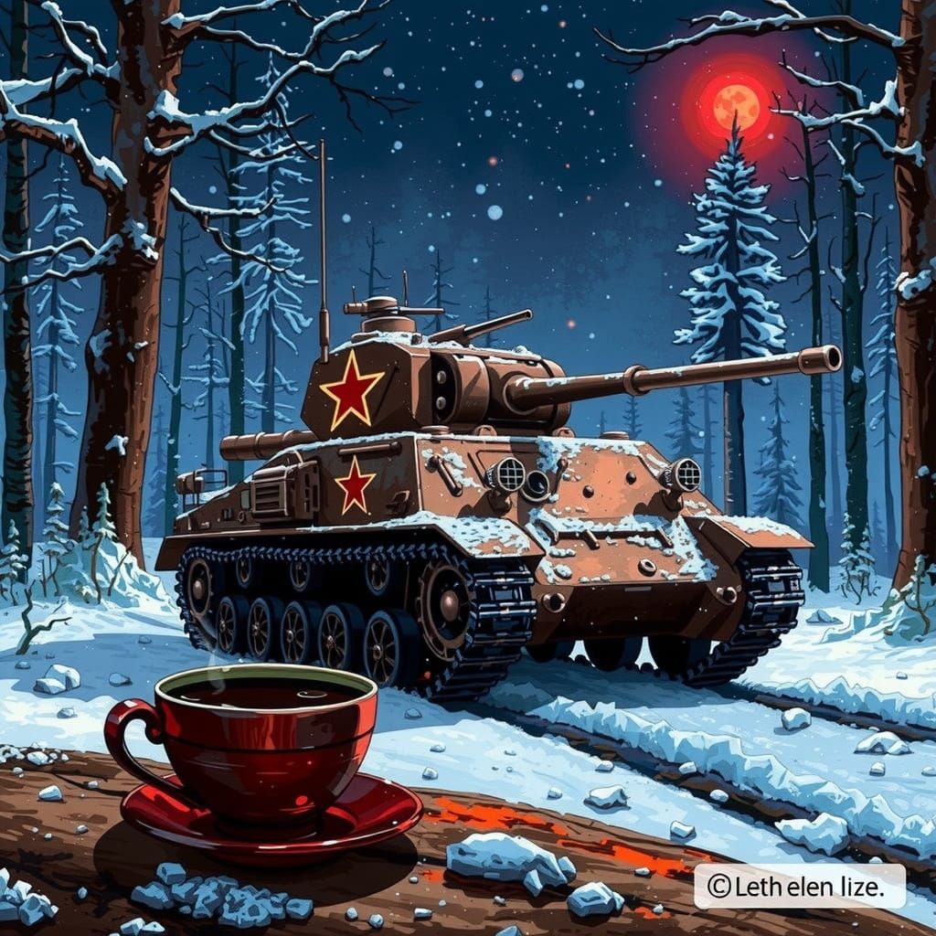 Sherman M4 in Snowy Forest, Pixel Art Winter Scene with Red ...