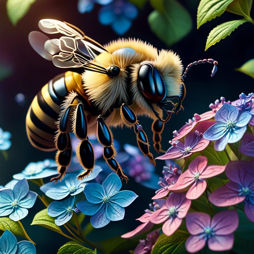 Bee Pollinating Hydrangeas: Hyperrealistic Concept Art