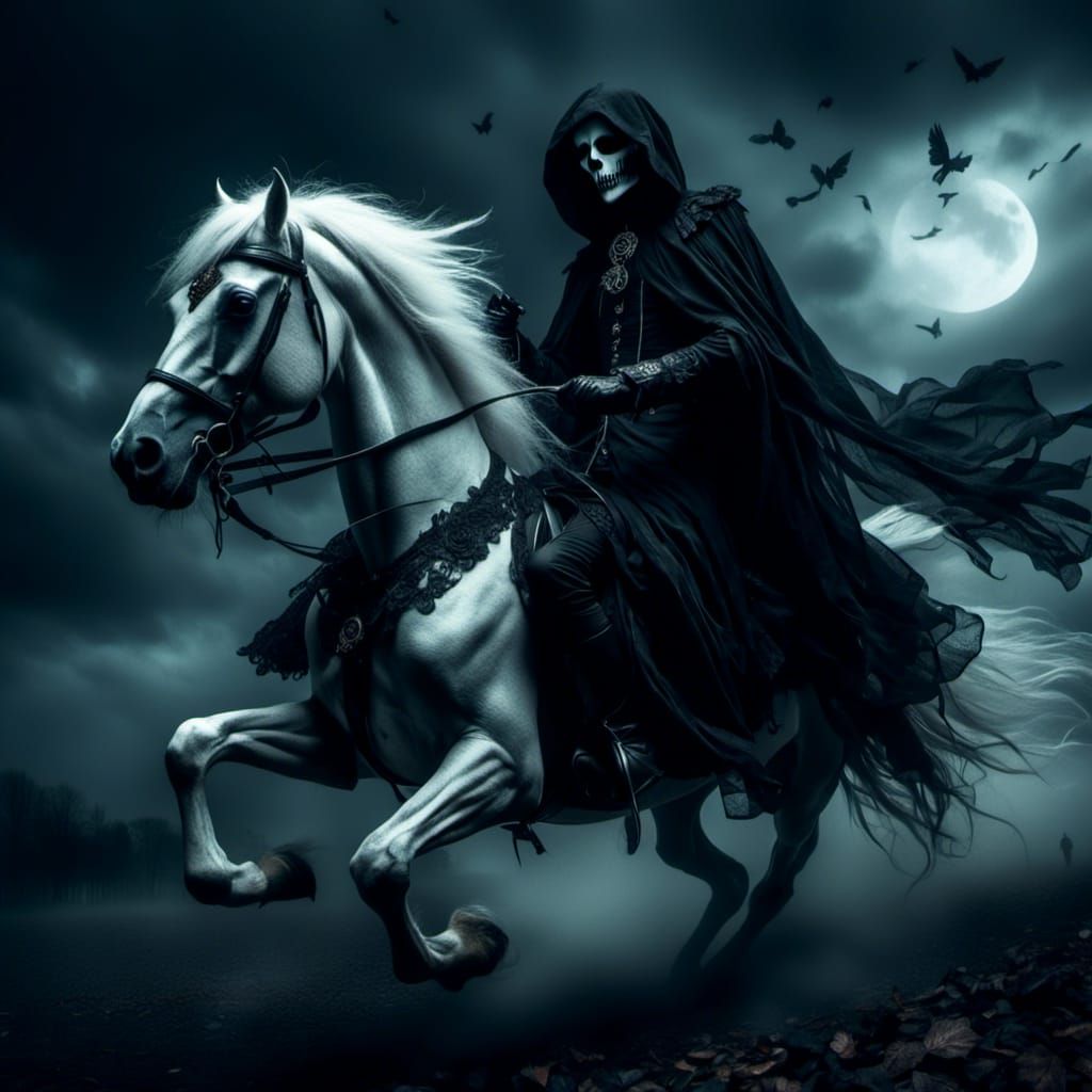 Grim Reaper on White Stallion in Gothic Style
