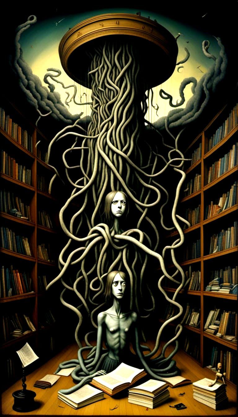 Dark Surreal Courtroom with Twisted Gallows