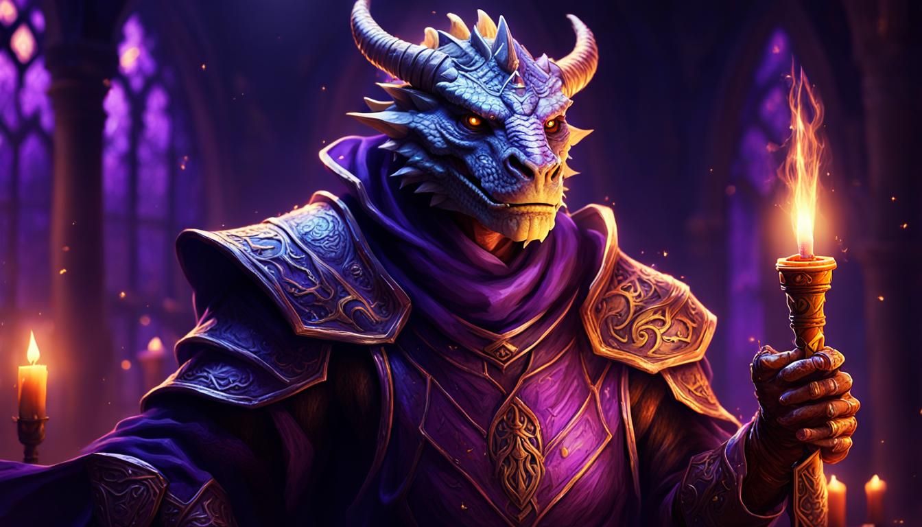 Dragonborn Mage Casting Spell in Medieval Study