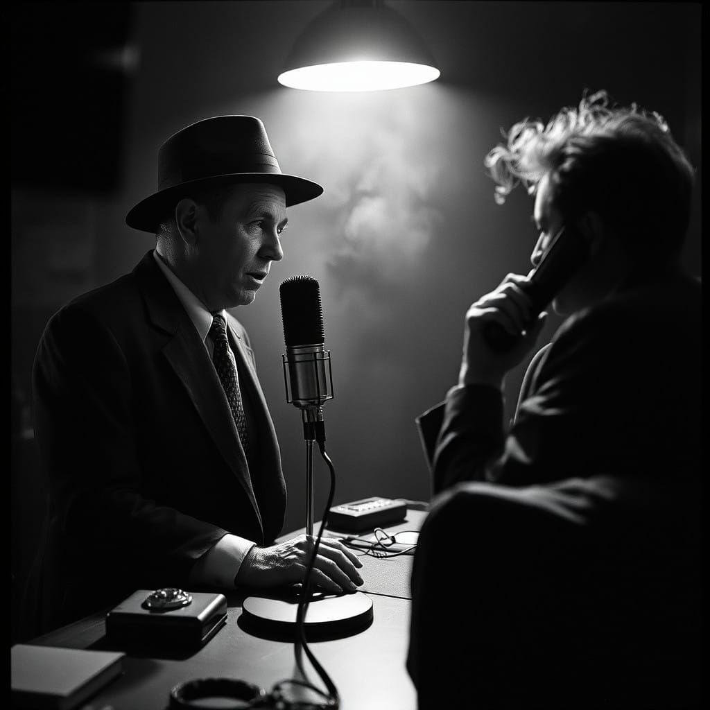 Vintage Radio Announcer in Smoky Studio