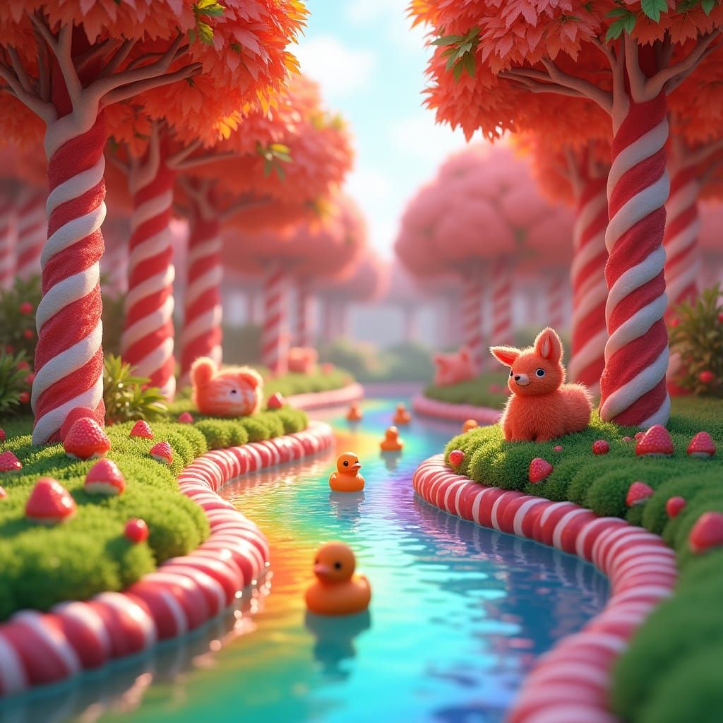 Vibrant Candy Land with Rainbow River in 3D Anime Style