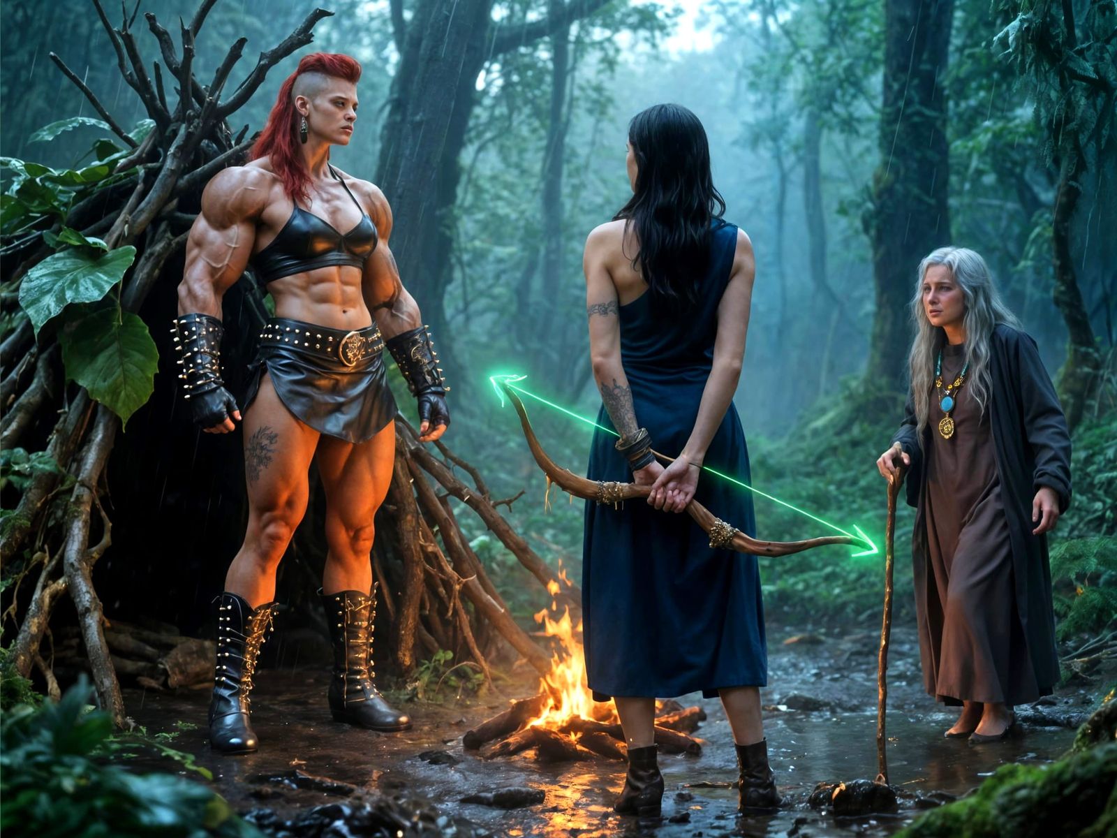 Muscular Amazonian Warrior in Wet Forest Morning