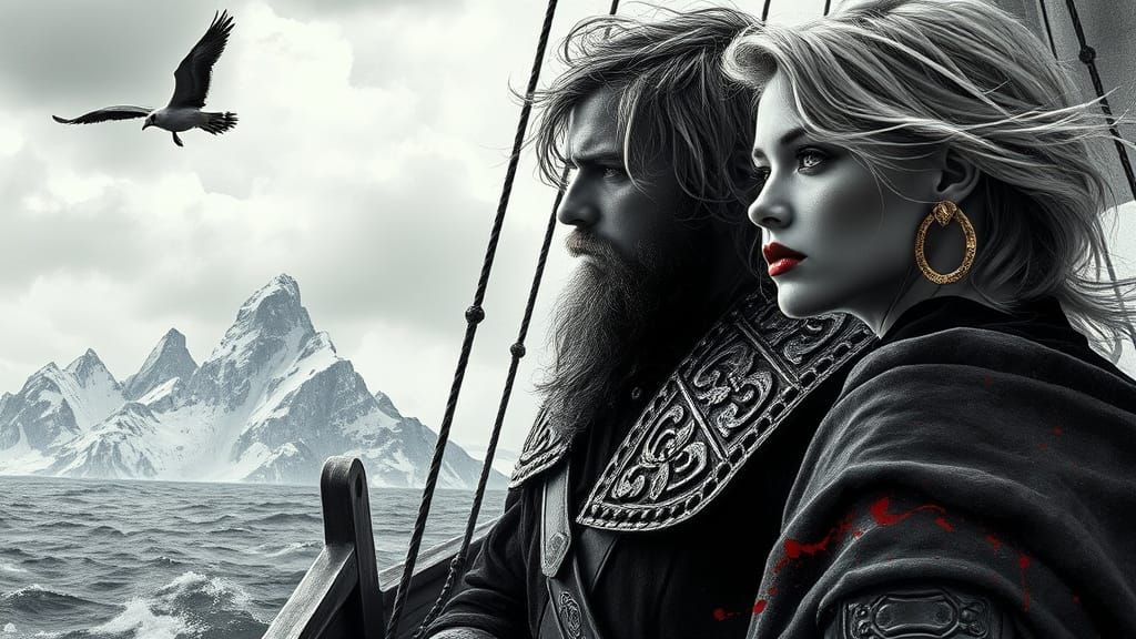 Viking Ship on Stormy Sea in Gothic Digital Painting