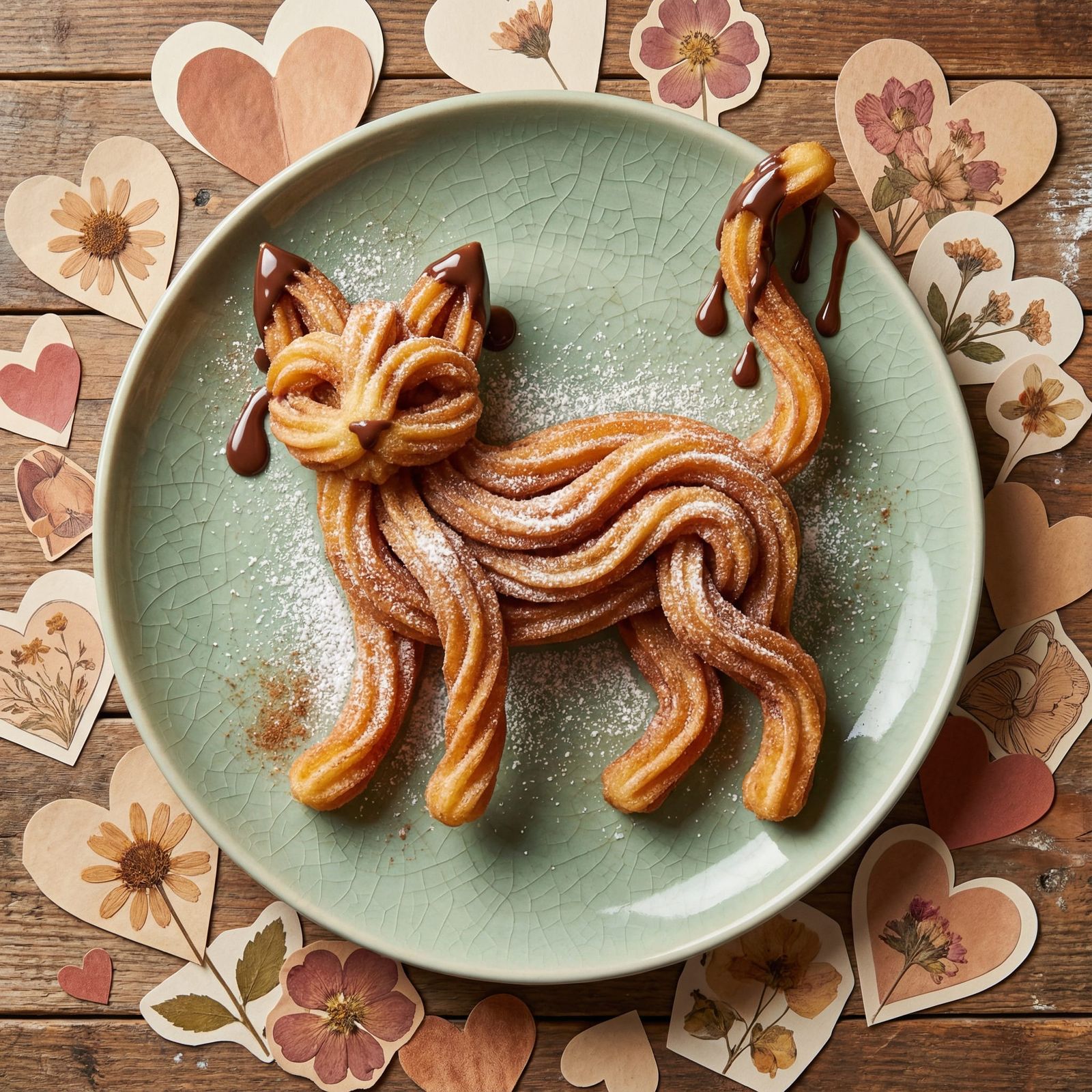 Whimsical Churro Cat with Hearts and Flowers