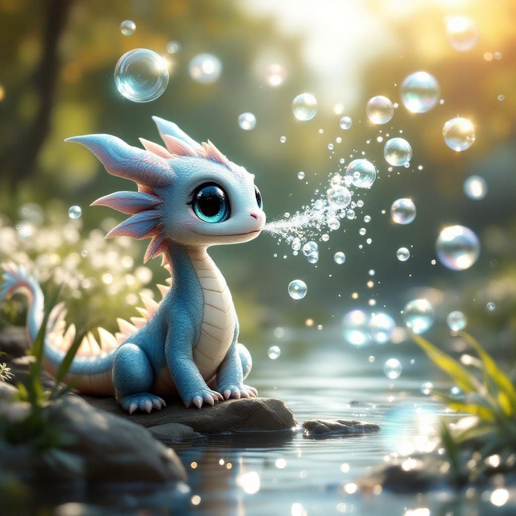 Chibi Dragon Blowing Bubbles on Riverbank