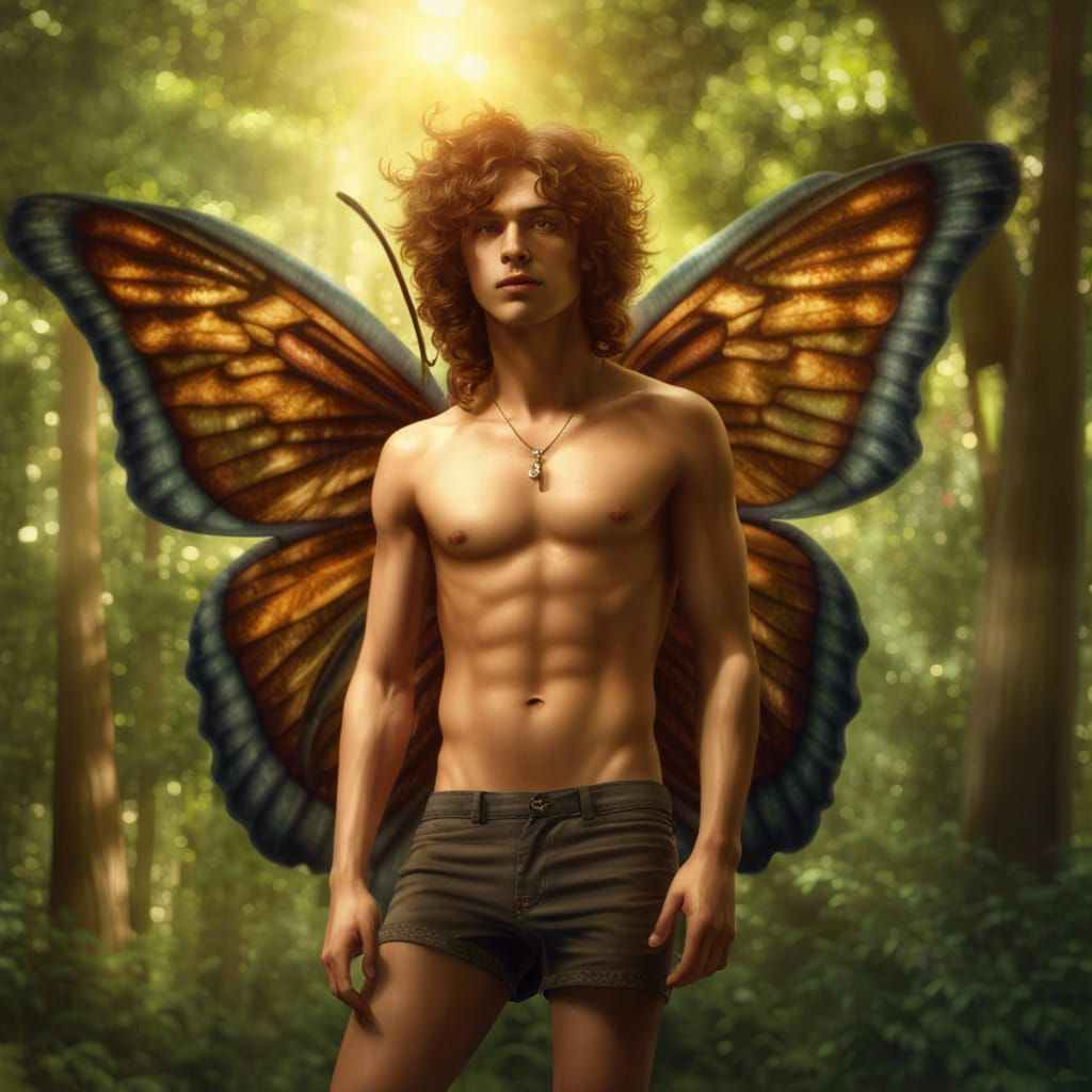 Young Man with Butterfly Wings in Forest