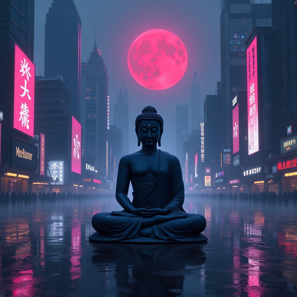 Buddha Meditating in Neon Futuristic Cityscape