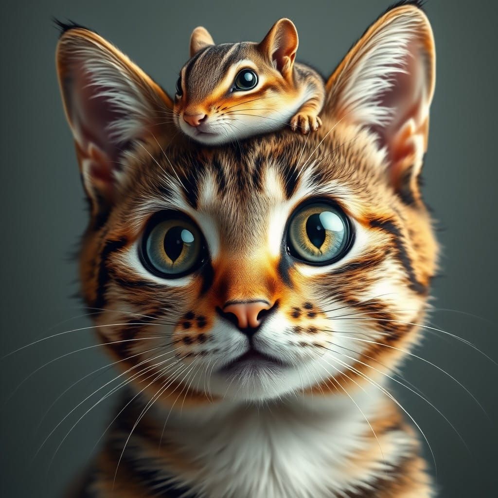 Hyperrealist Cute Tabby Cat with Smiling Chipmunk Companion