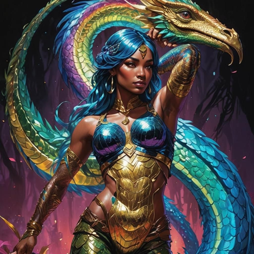 Peacock Haired Woman and Rainbow Dragon in Jungle