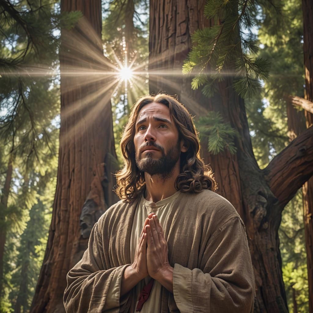 Jesus praying under a giant sequoia tree in a forest, sunbeams cascading through the canopy, Jesus illuminated, close vi...