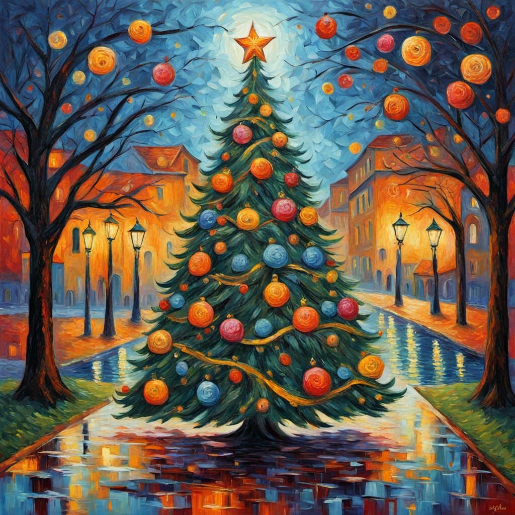 Day of the Dead Christmas Tree in Neo-Impressionist Style