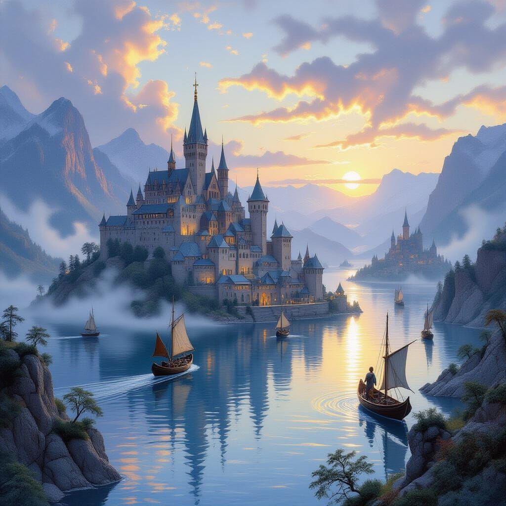 Floating Medieval City in Dreamlike Landscape