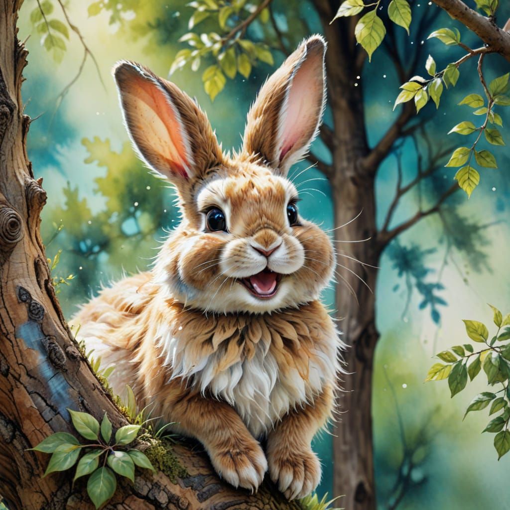 Humorous Rabbit Laughing in Watercolor Alcohol Ink