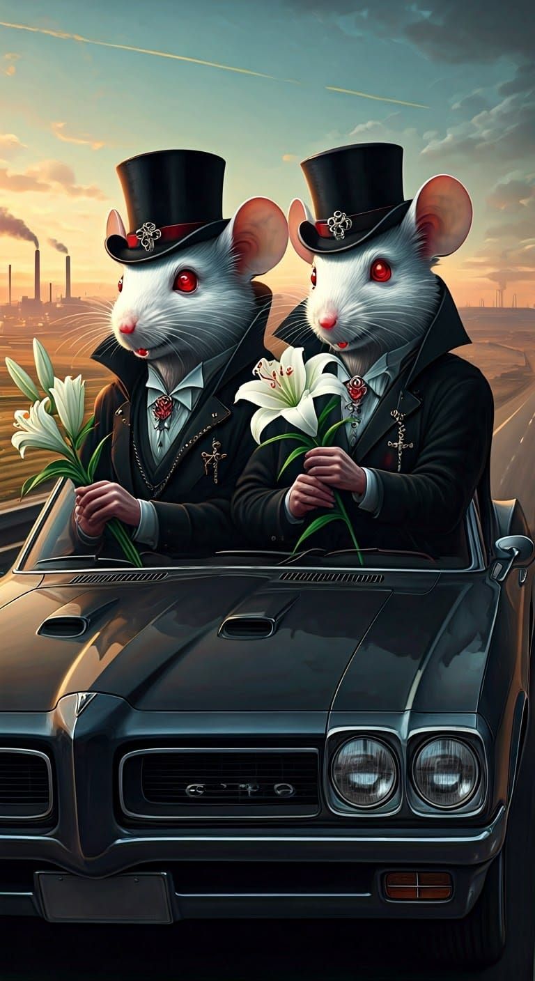 Mice in Dark Fantasy Style Drive a Pontiac GTO