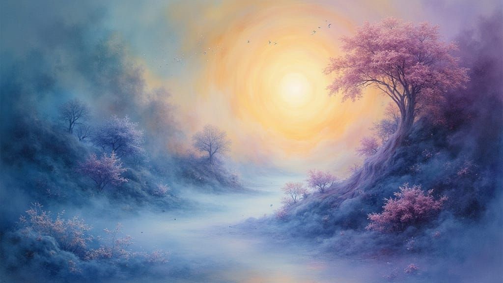 Ethereal Dreamscape in Soft Blues and Golds