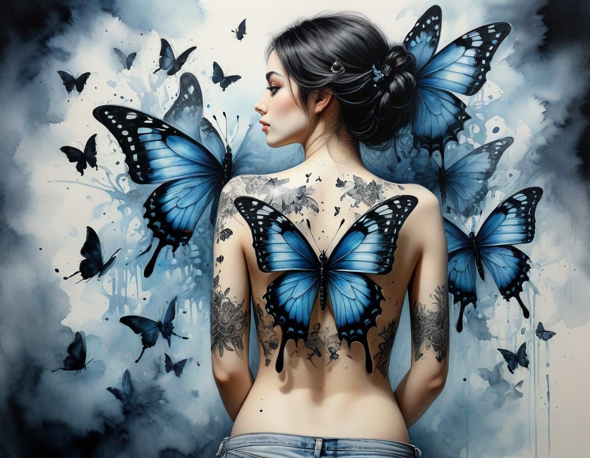 Mystical Woman with Glowing Butterfly Tattoo in Watercolour