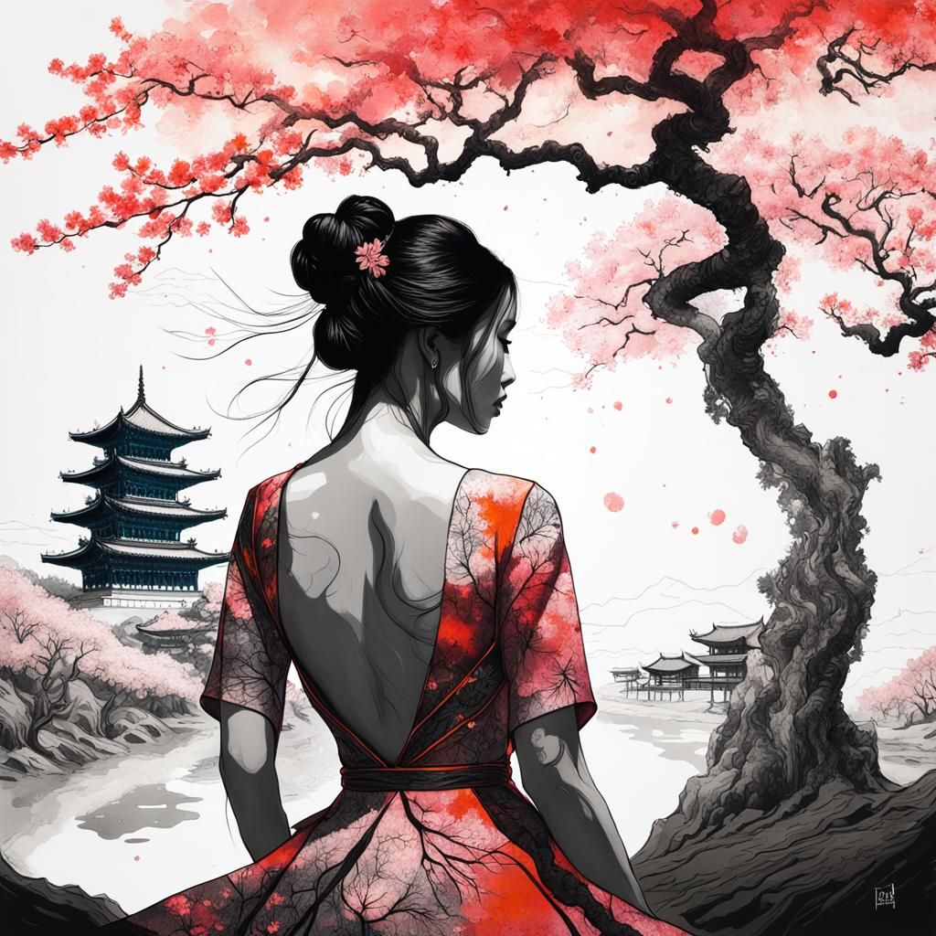 Sakura Silhouette: A Double Exposure Ink Drawing