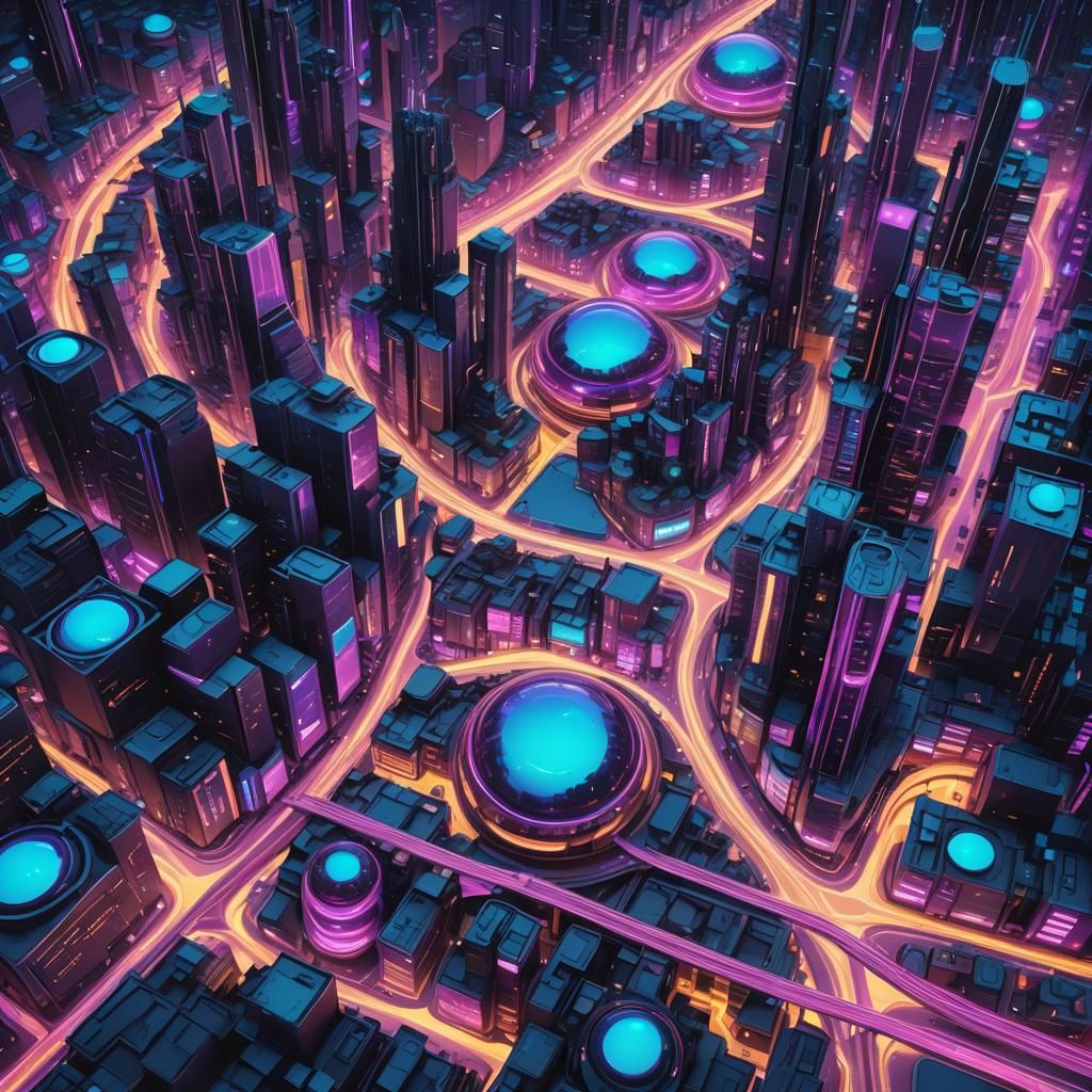 Cyberpunk Cityscape with Neon Lights and Fractal Patterns