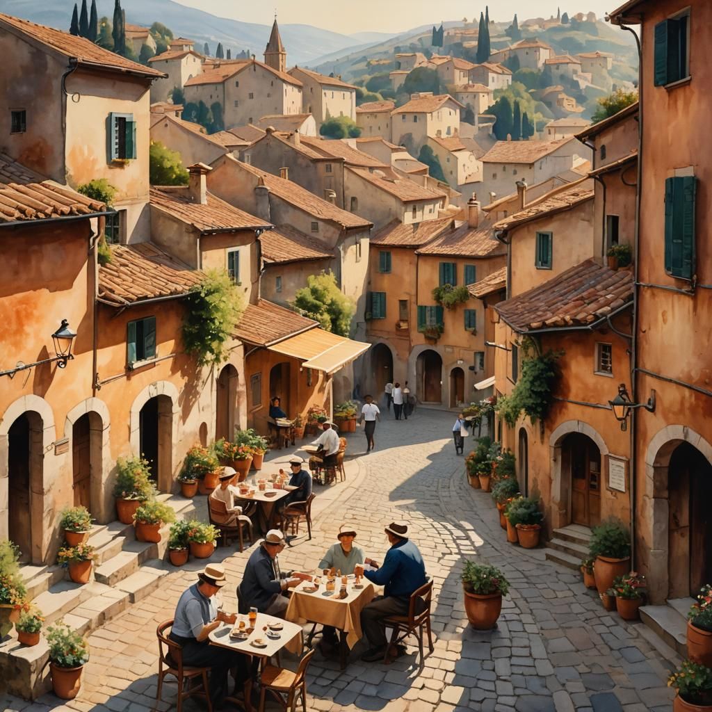 Idyllic Italian Village Watercolor Painting at Golden Hour