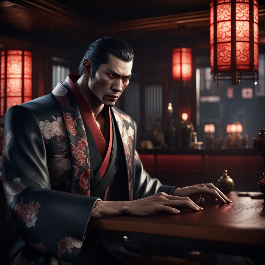 Japanese Vampire in Yakuza Lounge: Detailed Matte Painting