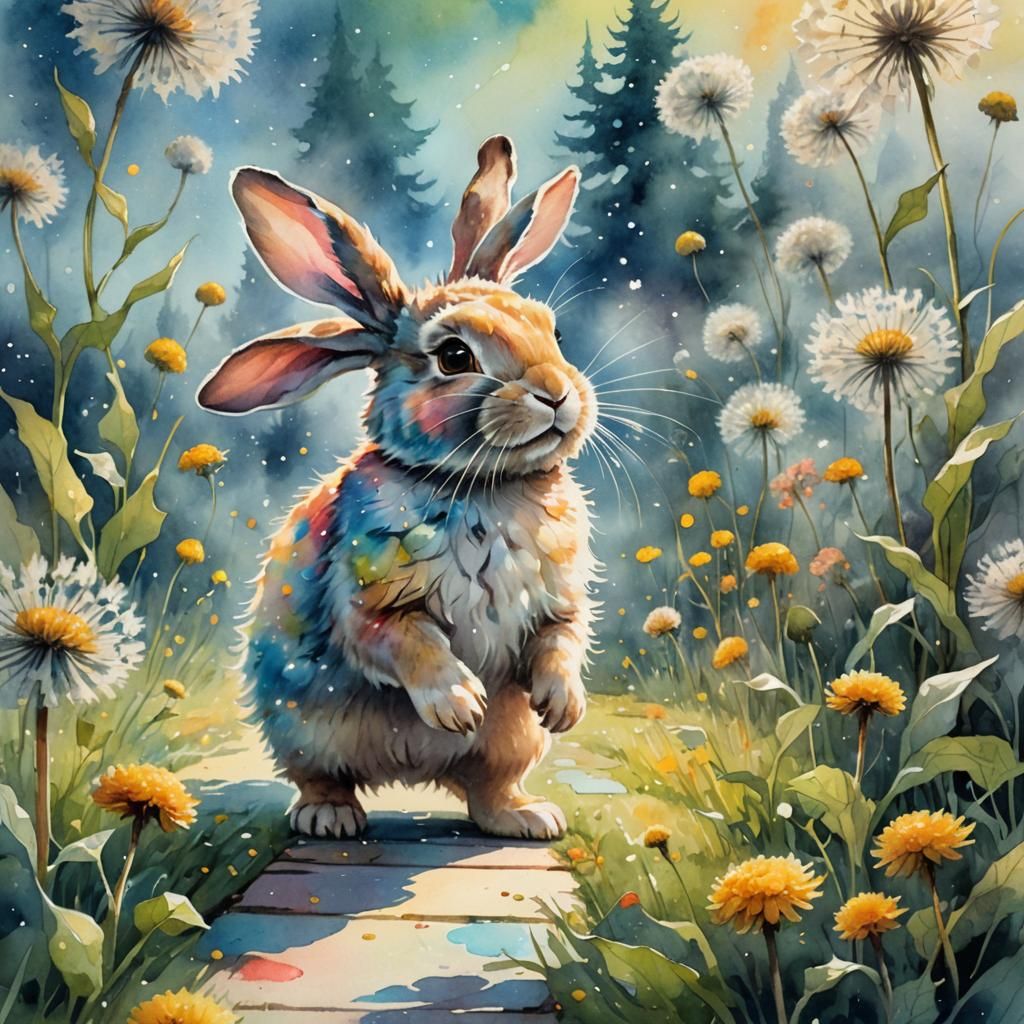 Bunny Hopscotch with Dandelions in Watercolor Style