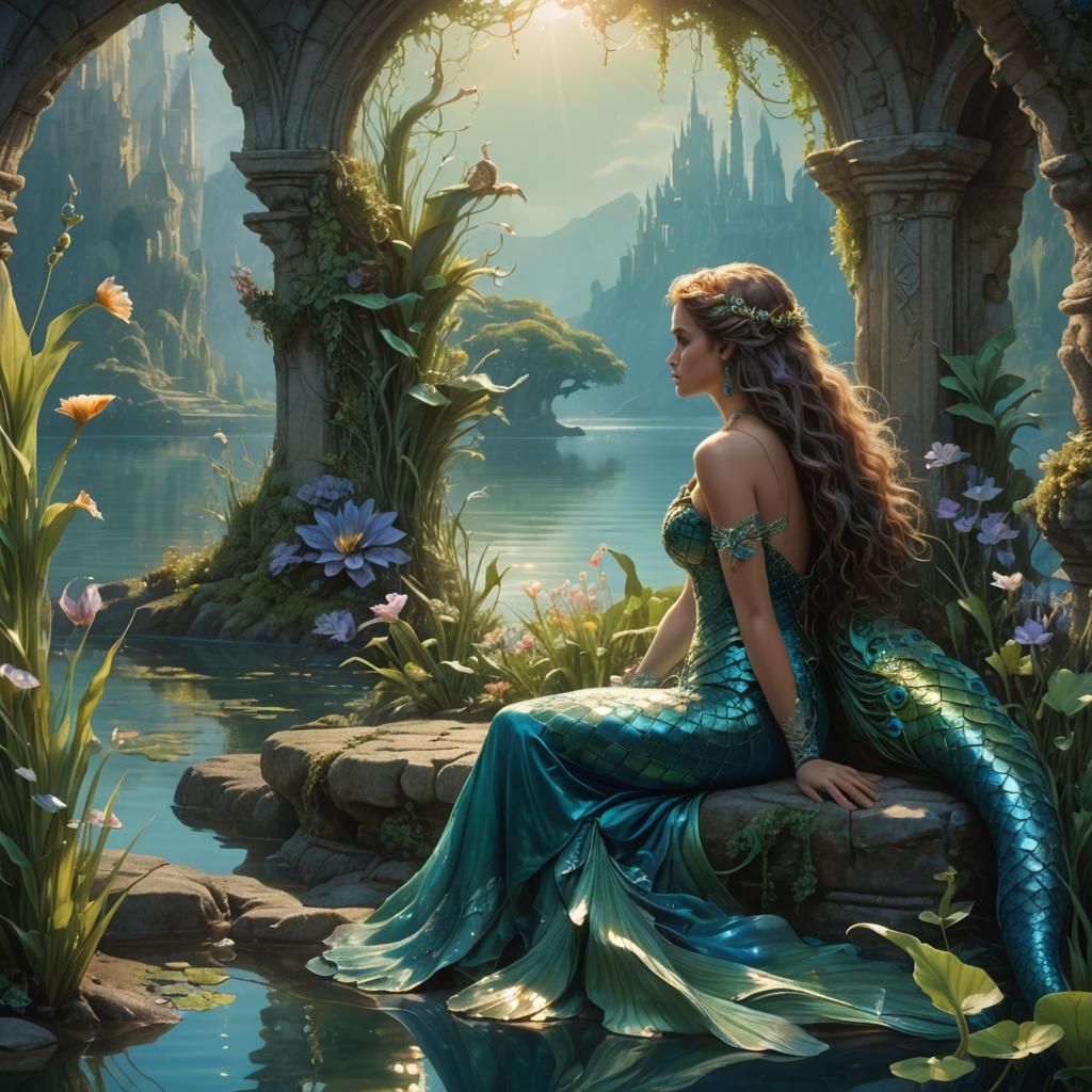 Elegant Mermaid at Lake's Edge: Fantasy Concept Art