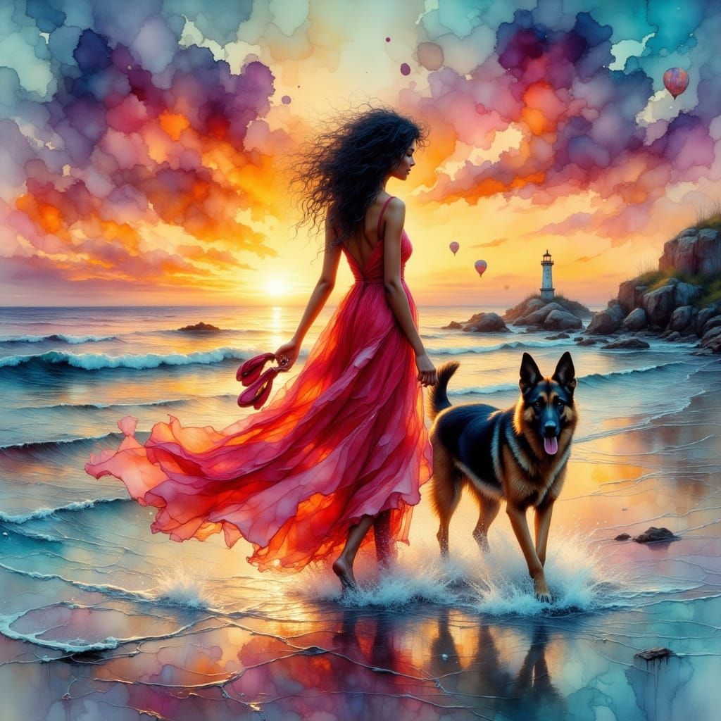 Woman and Dog at Sunset in Neon Grunge Style