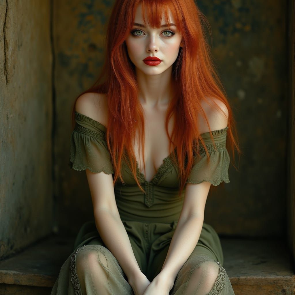 Red-Haired Woman in Earthy Setting: Classic Portrait