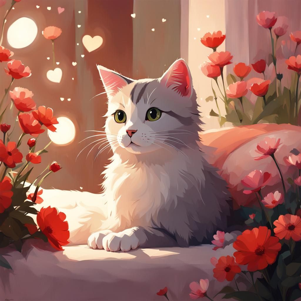 Cute Cat Surrounded by Flowers, in Storybook Style