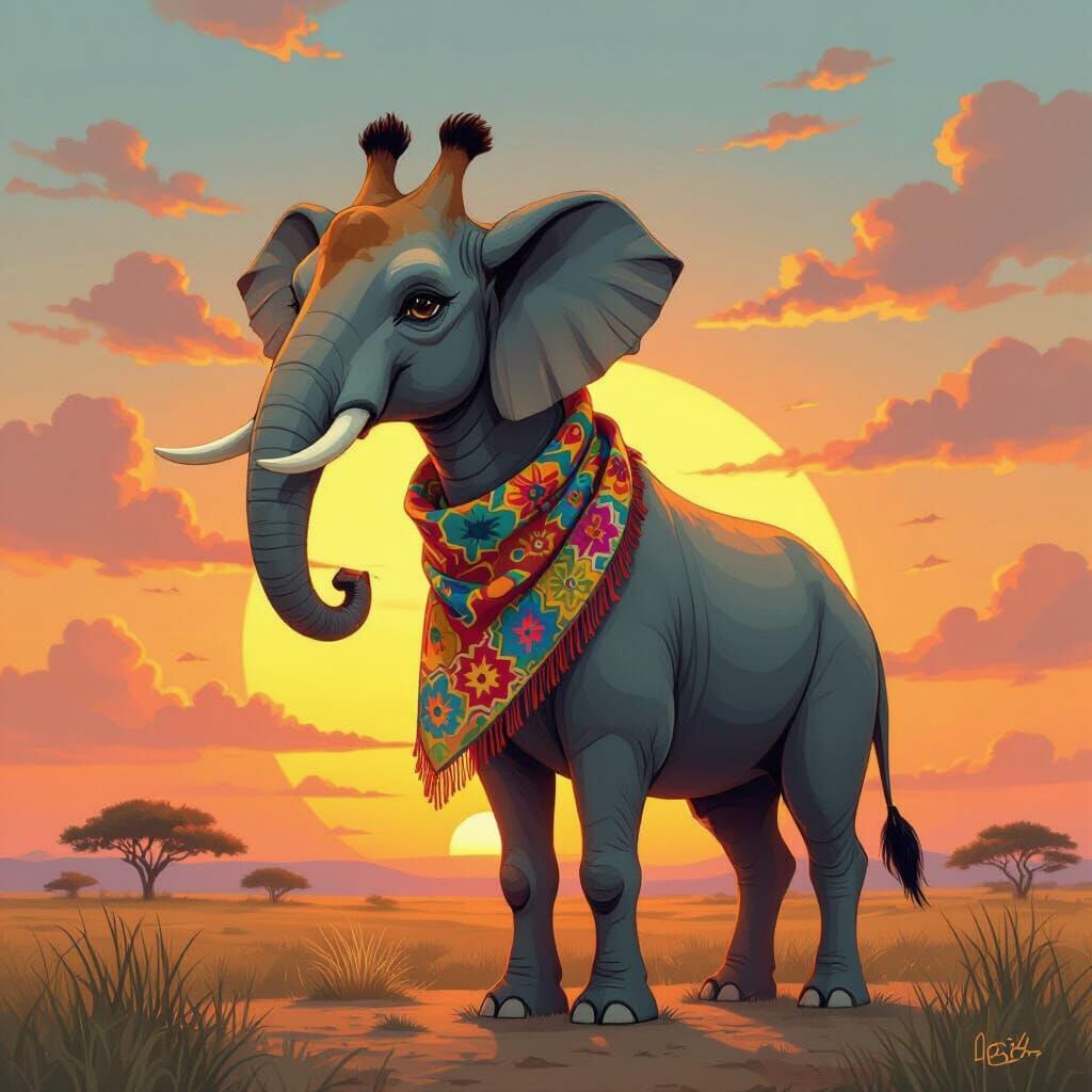 Elephant with Giraffe Neck in Whimsical Style