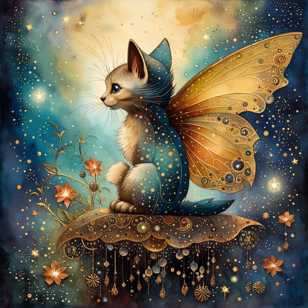 Watercolor Kitten Fairy in Rainy Starry Night