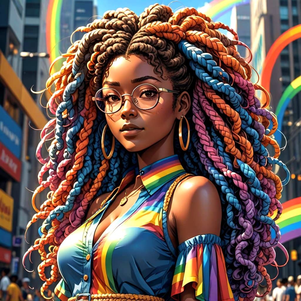 Rainbow braids wearing glasses
