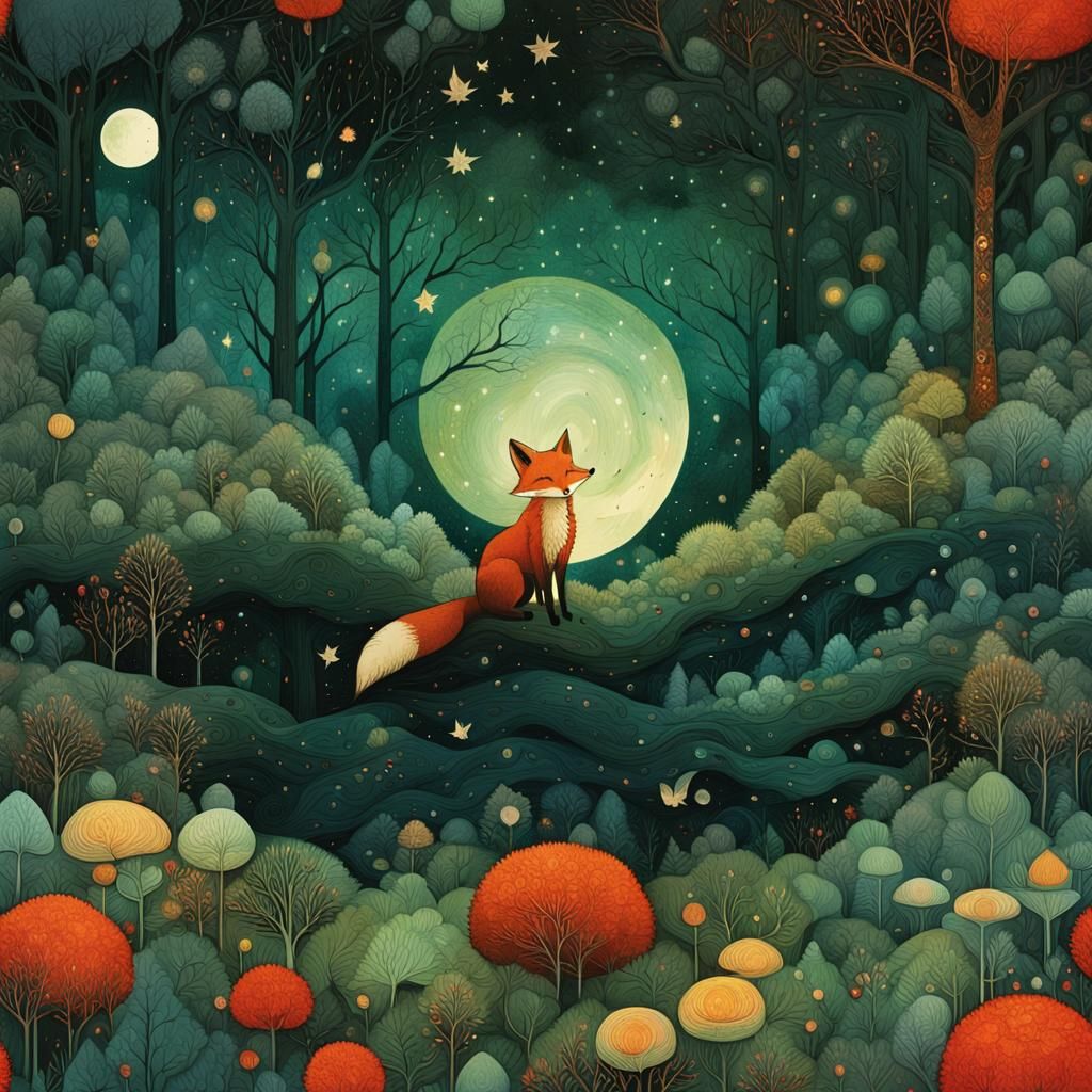 Red Fox in Dark Forest: Whimsical Folk Art