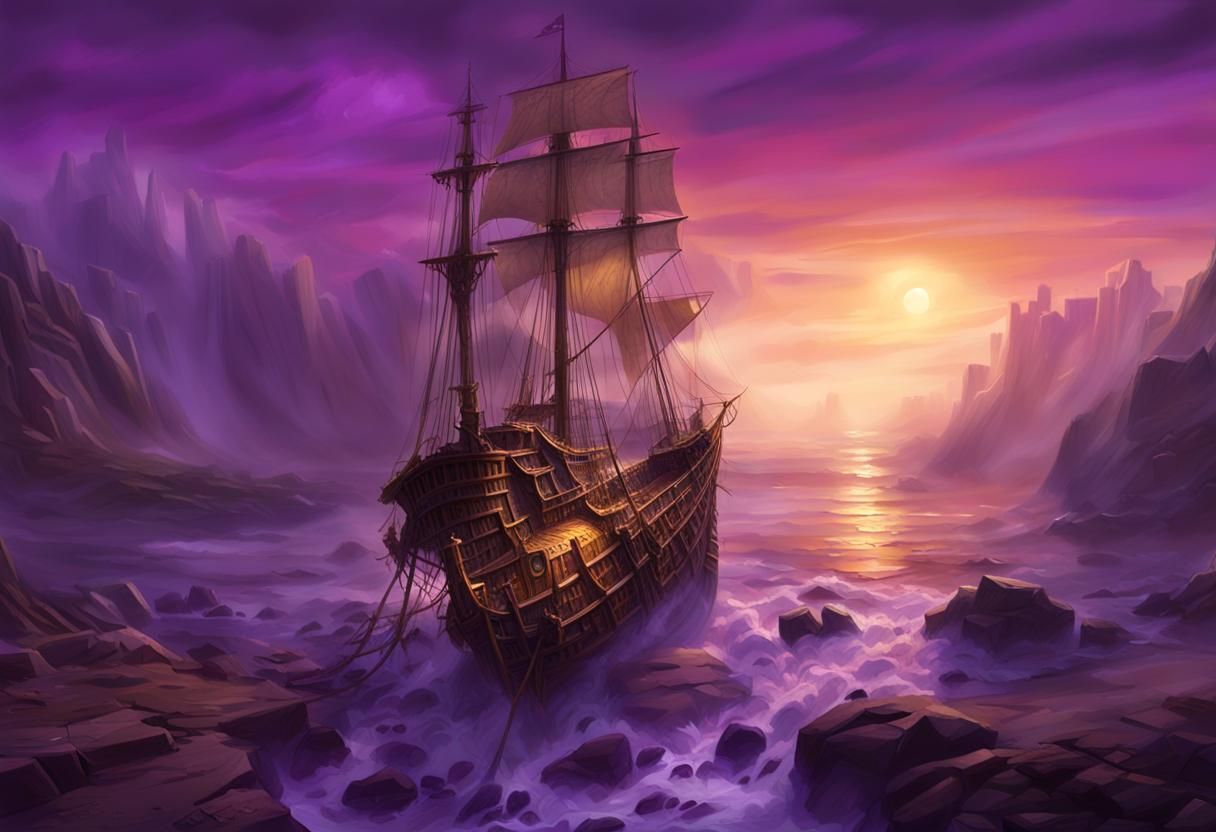 Shipwreck on Misty Shore in Dark Fantasy Art