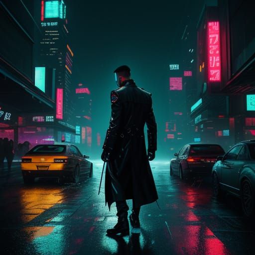 Cyberpunk Cityscape at Night, with a Lone Figure in the Shad...