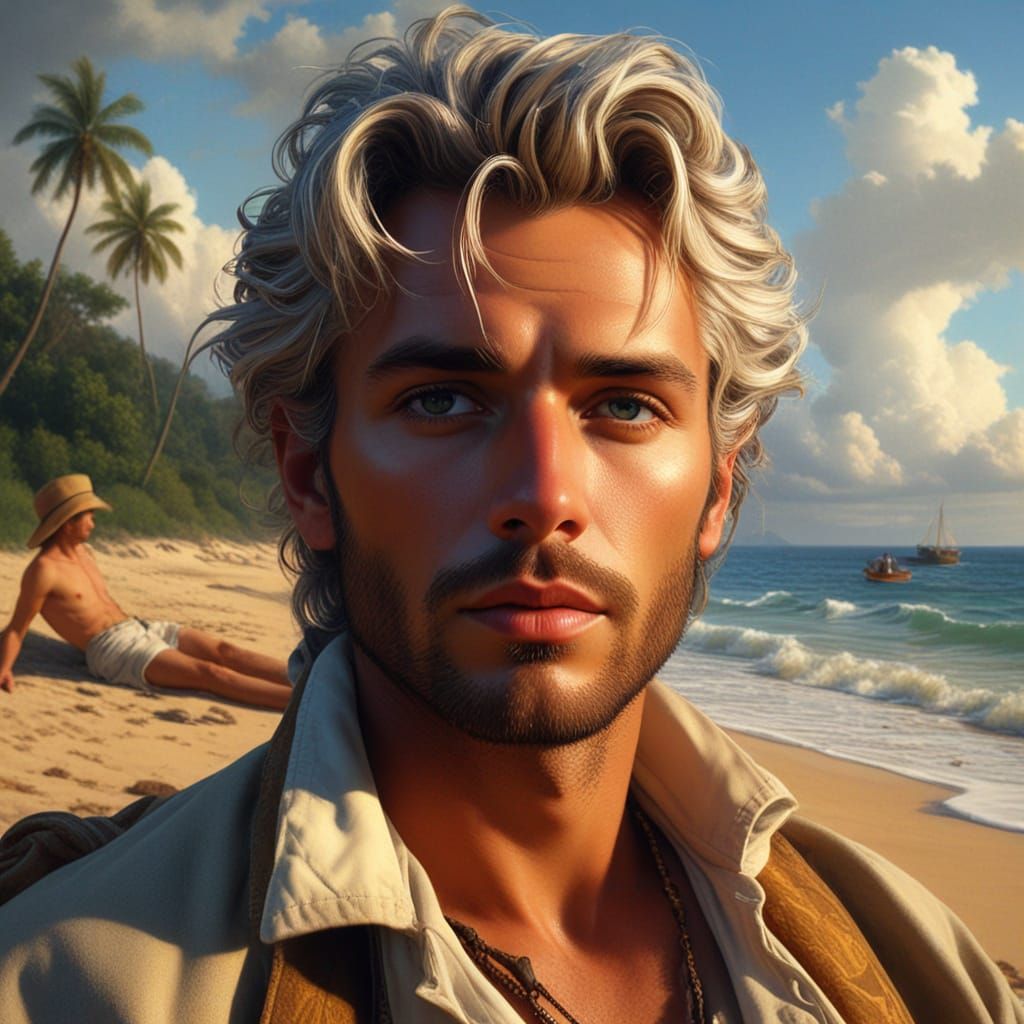 A Handsome Stranger on a Tropical Island, in the Style of Él...