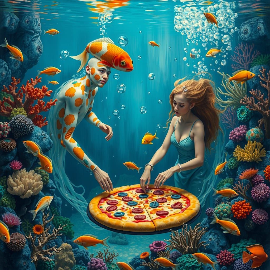Aquatic Pizza Chefs: A Surreal Oil Painting