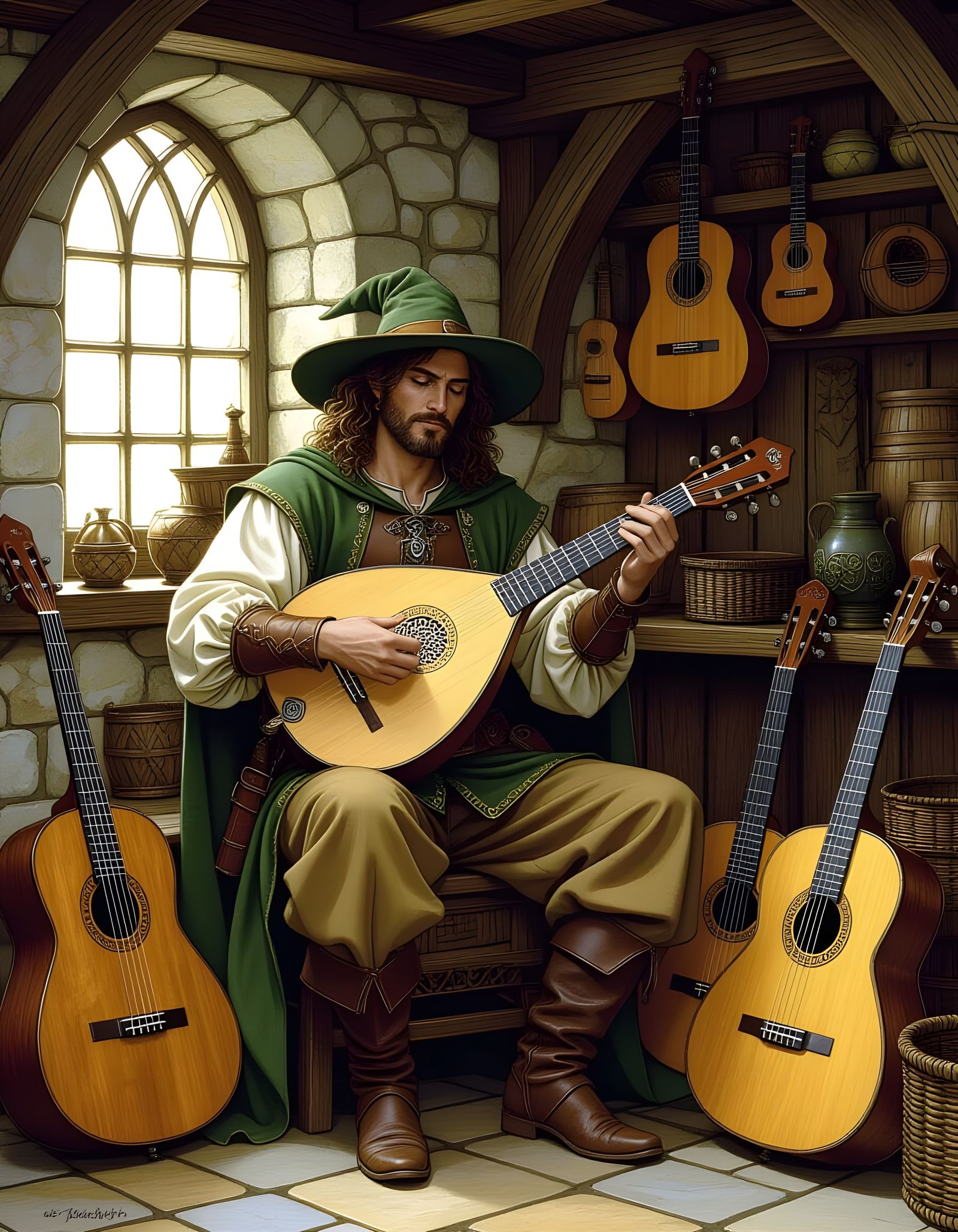 Minstrel Playing a Lute in Medieval Attire