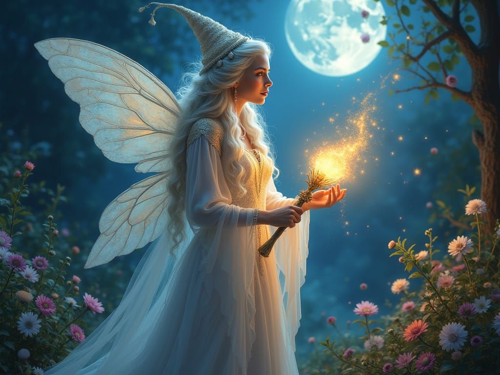 Ethereal Fairy Godmother Casting Magic in Moonlit Clearing