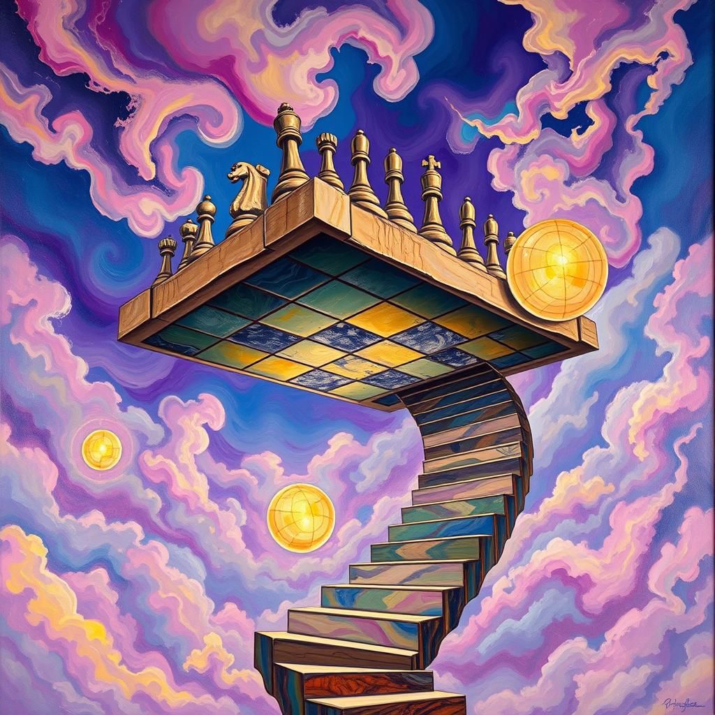 Surreal Dreamscape with Chessboard in Impasto Style