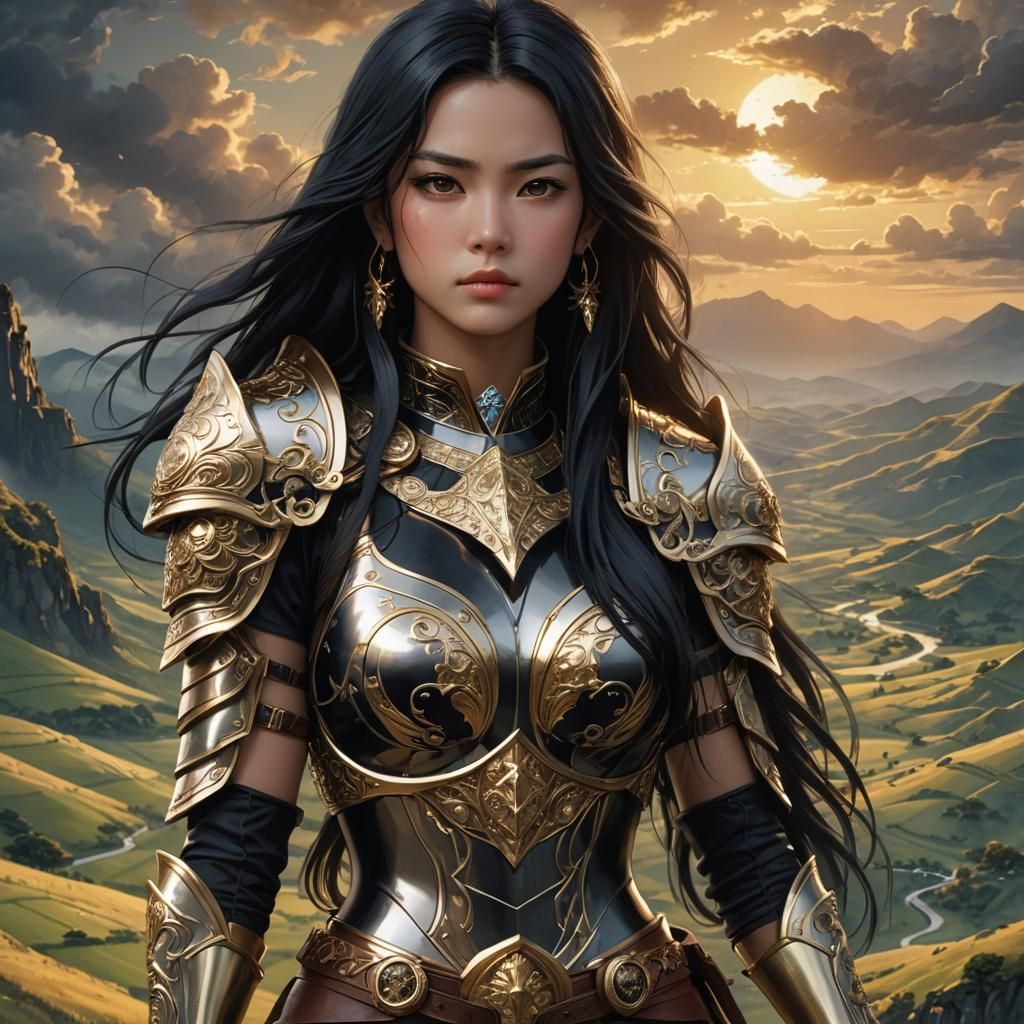 Anime Woman in Armor Amidst Rolling Hills