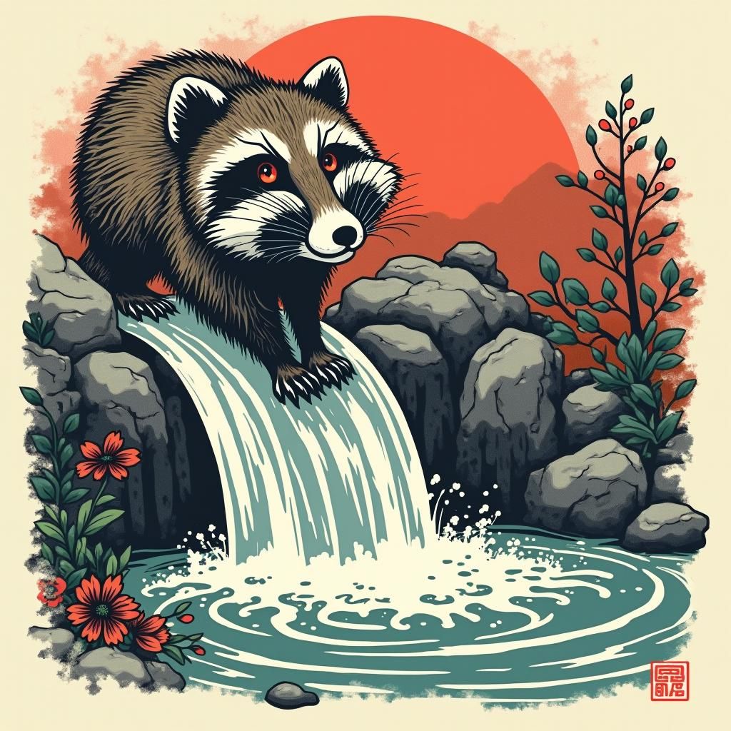japanese woodcut inspired happy raccoon playing in stylized ...