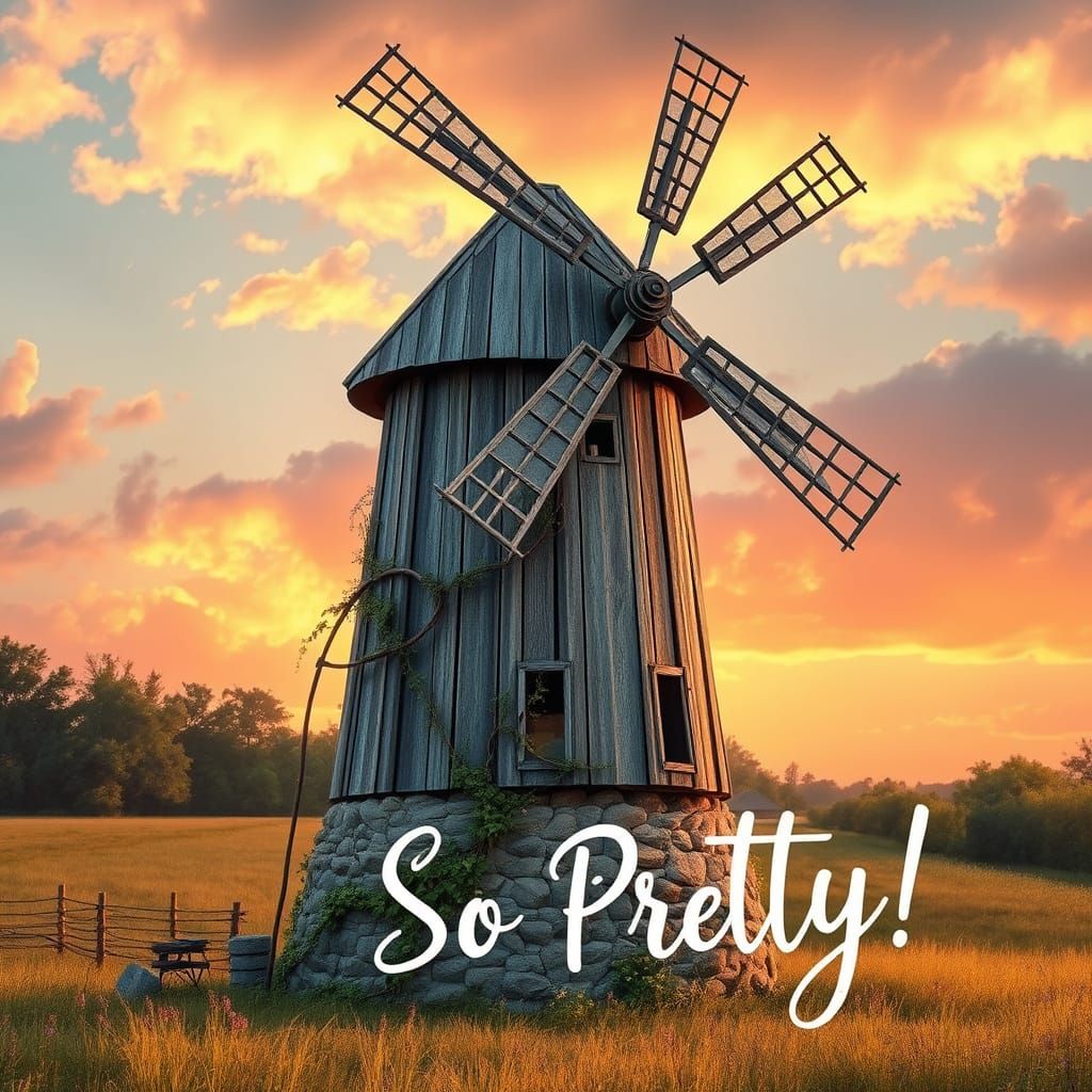 Peaceful Rustic Windmill Scene in Whimsical Style