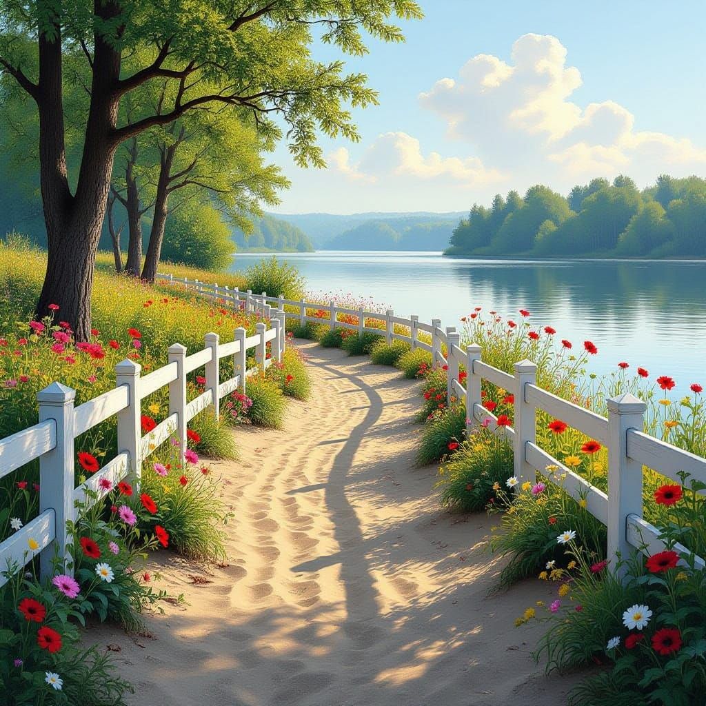 Serene Lakeside Path Through Blooming Meadow