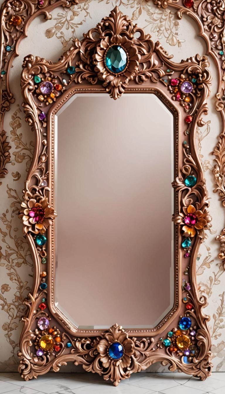 Rococo Mirror with Rose Gold Frame and Gems