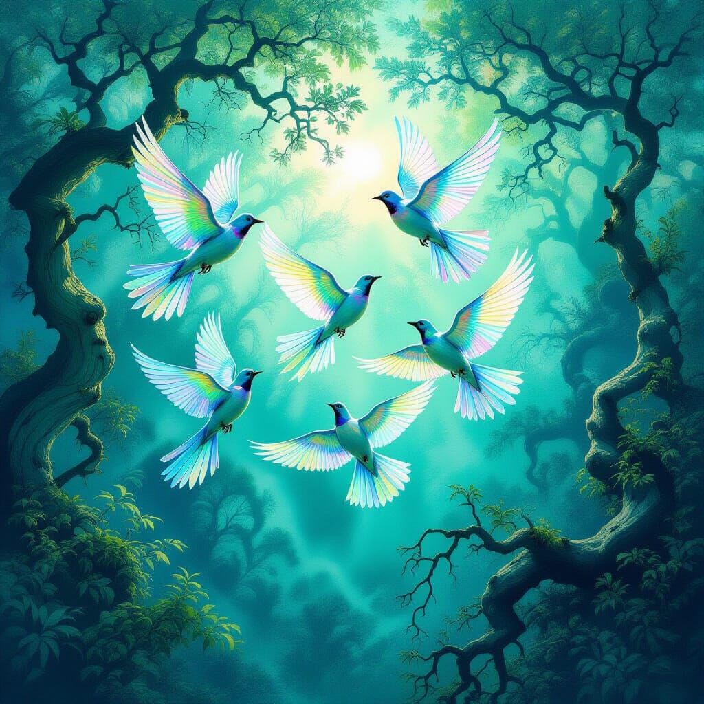 Iridescent Birds Soar Above Turquoise Forest in Surreal Styl...